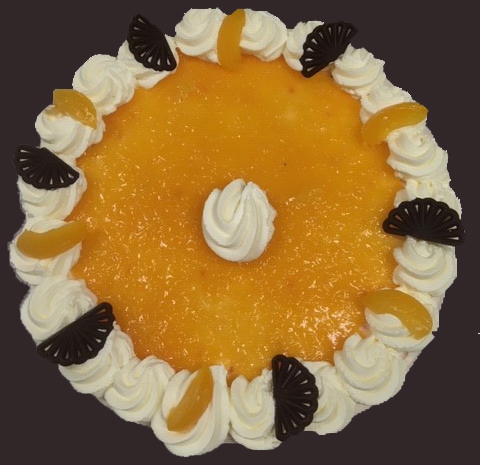 Sinas Bavarois lekkere cake-achtige bodem gevuld met en dikke laag sinas bavarois afgewerkt met een frisse pulp van sinaasappel en een rand slagroom.